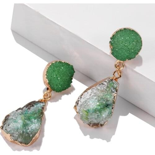 2020 New Natural Stone Resin Dangle Earrings for Women Vintage Hanging Earrings Pink Green Druzy Drop Earring Fashion Jewelry