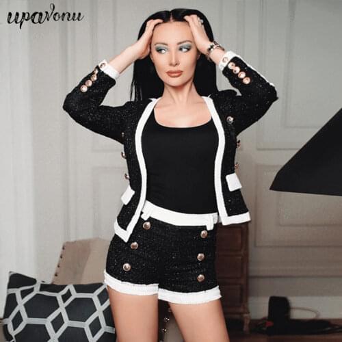 2020 Autumn Womens Pants Set Fashion Button Decoration Long Sleeve Cardigan Tweed Jacket + Shorts 2 Two-piece Black Elegant Set