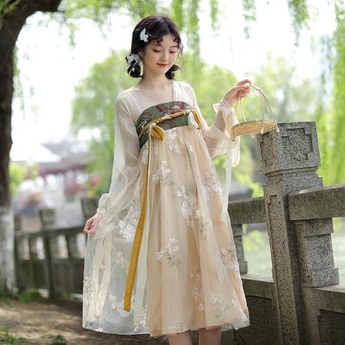 2021 chinese style improved hanfu one-piece embroidery dress female hanfu folk dance wear chinese traditional princess dress