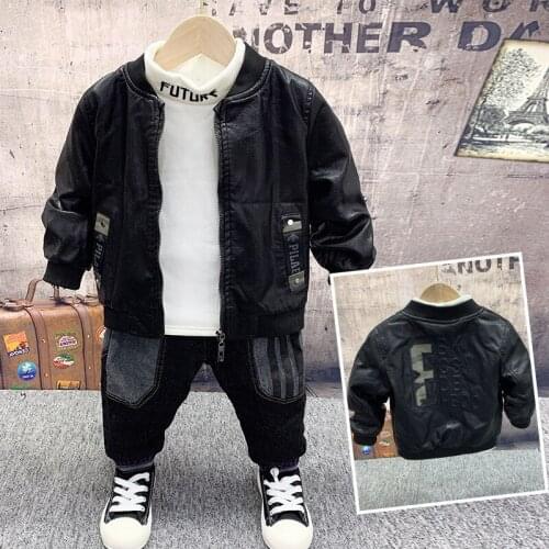 Kids Tracksuit Thicken PU Leather Clothing Plus Velvet White Shirt Jeans Toddler Boys Sets 2 3 4 5 6 Years Children Suits 2019
