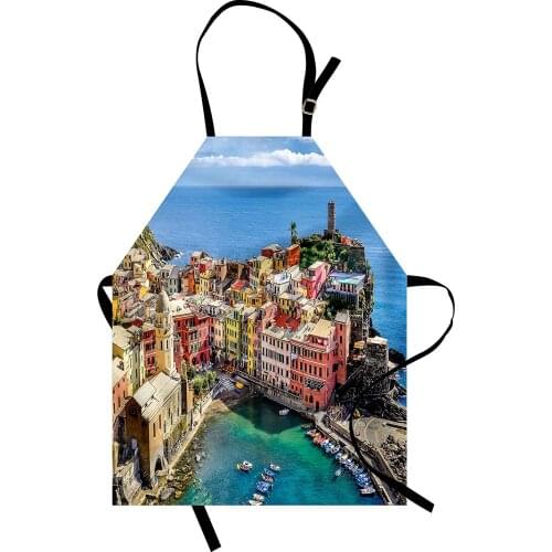 Italy Apron Harbor View in the Vernazza Village in Cinque Terre Colorful Apartments and Boats Unisex Kitchen Accessories