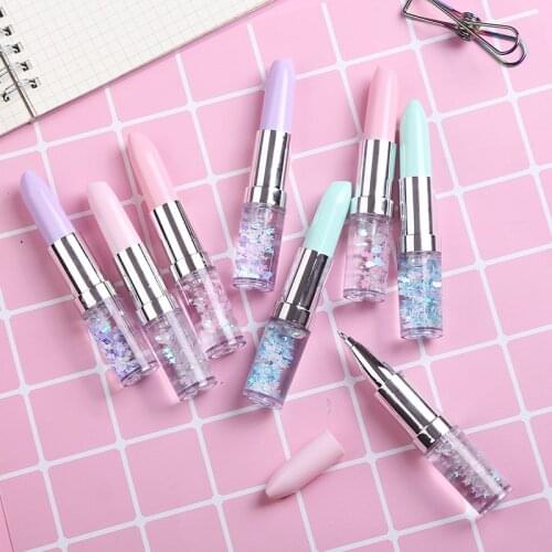 1pc Lipstick Shape Gel Pen Creative Pen Quicksand Writing Pen 0.5mm Black Gel Ink Pen School Supply Girl Gift