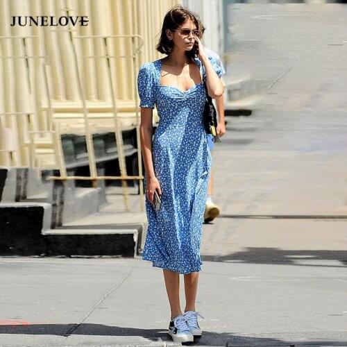 JuneLove French Romance Retro Dresses Women Casual Floral Print Square Collar Dresses Ruffles Puff Sleeve Midi Dresses Lady 2020