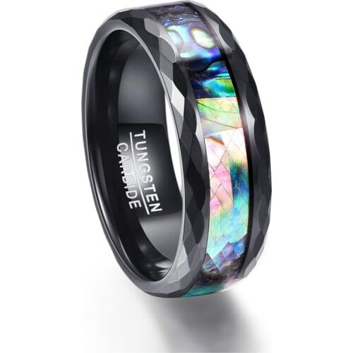 AAA Quality 8mm Mens Abalone Shell & Polished Black Faceted Tungsten Carbide Rings Wedding Bands Size 5-14