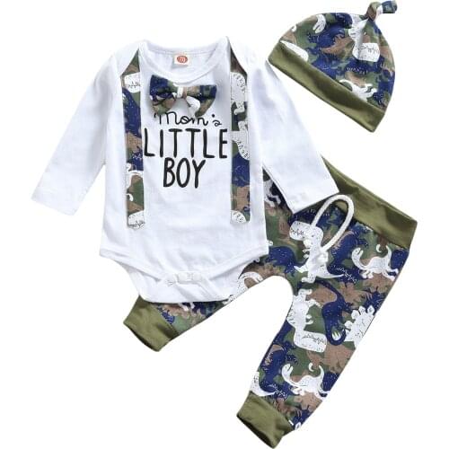 Infant Baby Boys Girls Clothes Set Long Sleeve Letter Printed Bodysuit Tops+Dinosaur Pants Hats Baby Boy Clothes