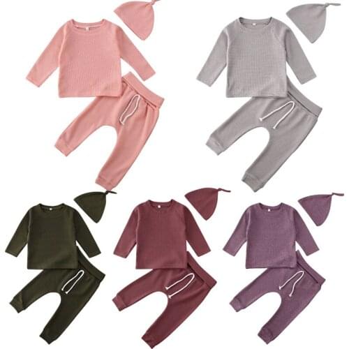 2020 Autumn New Casual 3Pcs 0-24M Infant Solid Long Sleeve T-shirt Tops+Soft Cotton Pants Baby Boy Girl Outfits Pajamas Set
