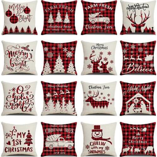 Linen Red Scottish Plaid Christmas Cushions Case Reindeer Trees Snowflakes Print Christmas Decorative Pillows for Sofa Couch Bed