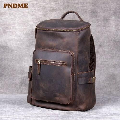 Retro personality genuine leather men bucket backpack high quality crazy horse cowhide outdoor travel weekend computer backpack