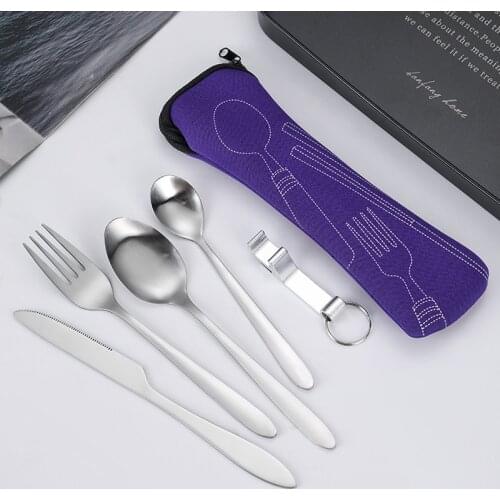 5pcs Set Dinnerware Portable Printed Stainless Steel Spoon Fork Steak Knife Set Travel Cutlery Tableware with Bag