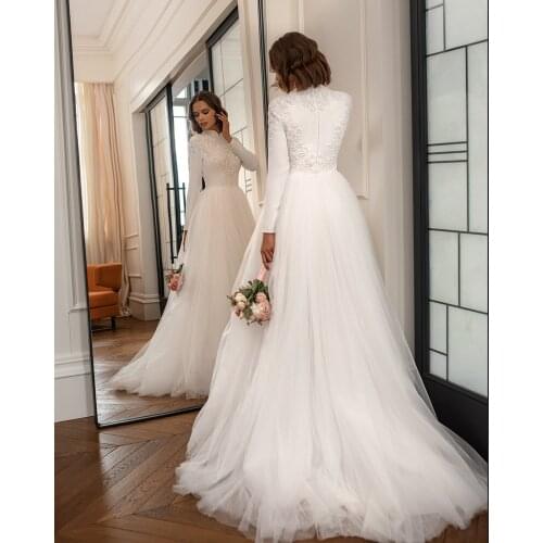 High Neck Zipper Up Back Long Sleeve Appliques Shiny Beading Muslim Wedding Dresses Elegant Robe De Soirée De Mariage