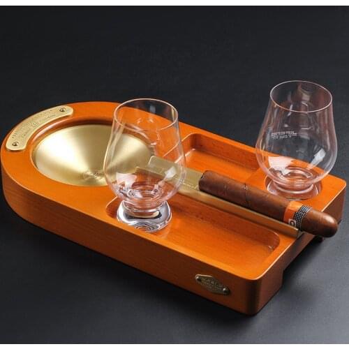1set Wooden Cigar Ashtray Coaster/Whiskey Glass Tray and Cigar Holder Slot to Hold Cigar Rest Accessory Set Gift for MenT107