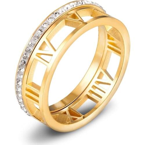 Hollow Design Rings Roman Numerals Stainless Steel Jewelry Crystal CZ Stone Charm Modern Wedding Rings For Women Couple Gift
