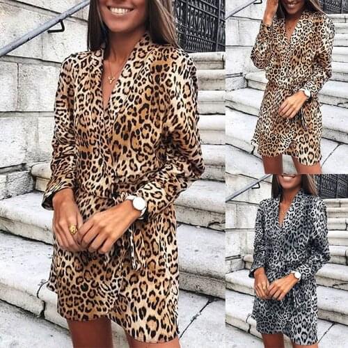 Sagace simple slim Leopard Print Long Sleeve V-neck bandage irregular womens dress vestidos de mujer casual 2021