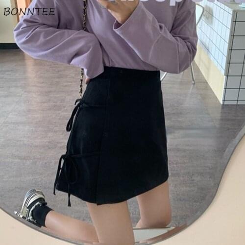 Skirts Women Solid Simple All-match Ladies Trendy Leisure Korean Summer Style Lace-up Black Sexy Mini Slim New Empire A-line