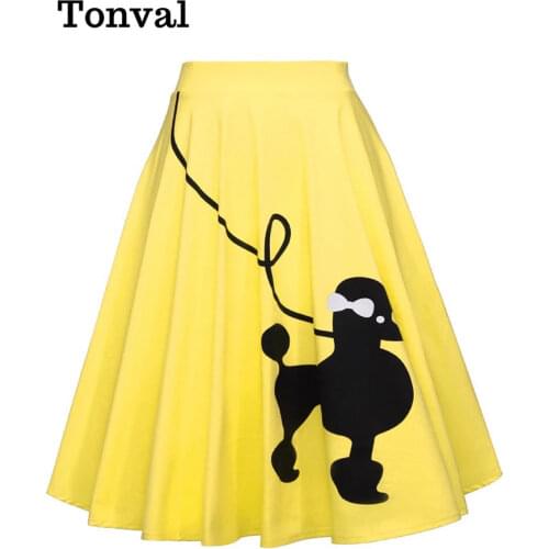 Tonval Pin Up Style Cute Dog Print Vintage Yellow High Waist Skirts Womens Cotton A Line Knee Length Retro Swing Skirt