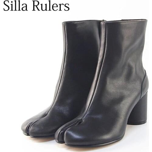 Silla Rulers Genuine Leather Split Toe Womens Ankle Boots Chunky High Heel Women Boots Mujer Short Motorcycle Boots Zapatos