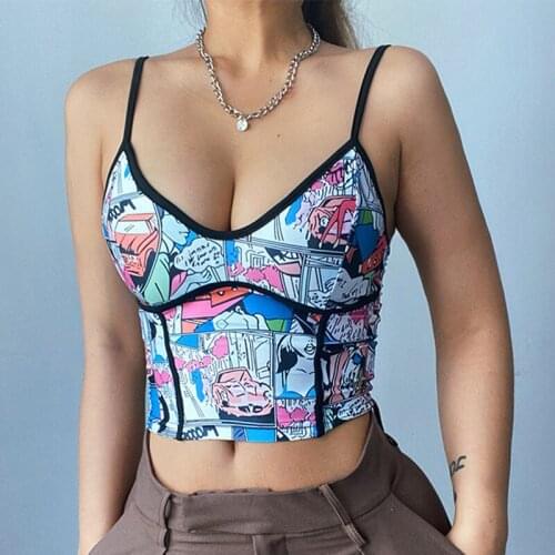 Y2K Anime Sexy V-Neck Crop Top for Women Summer Graffiti Camis Slim Tank Tops Harajuku Cartoon Streetwear Sleeveless Garment