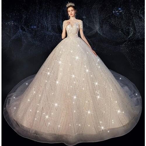 Fashion 2021 New Bling Luxury Wedding Dress Bride Married Short Sleeves Cathedral/ Royal Train Sequins Beads Long Wedding Gowns