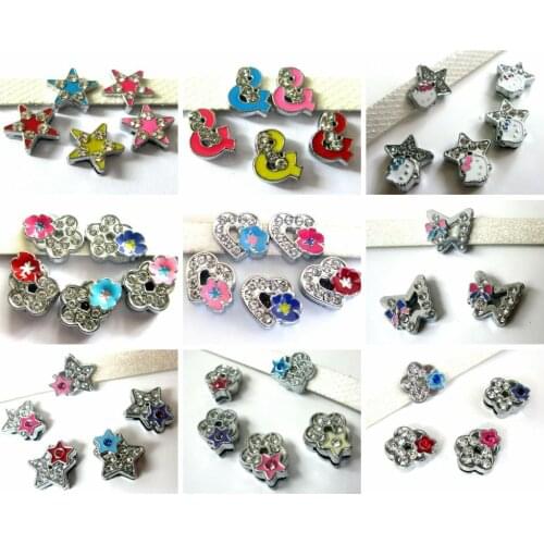 10pcs 8mm mixed designs rhinestone slide charms Heart Star Flower Butterfly DIY charms Internal Dia.8mm fit 8mm band