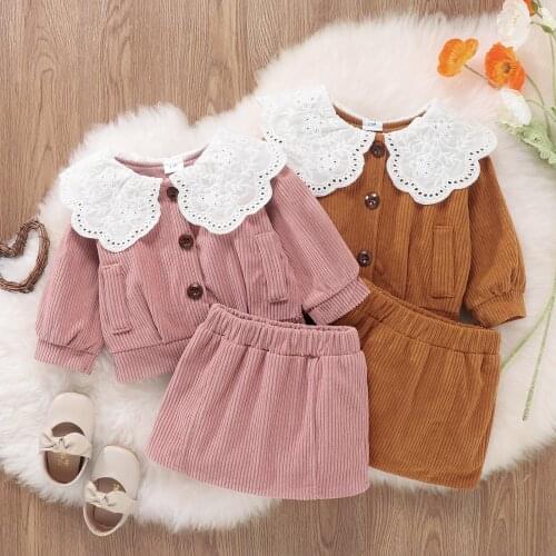 2Pcs Newborn Toddler Infant Baby Girls Corduroy Outfits Button Down Ruffled Collar Long Sleeve Cardigan + Skirt for Spring Fall