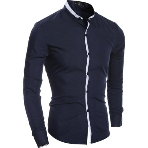 2018 Fashion Mens Brand Solid color Long-Sleeved Slim Shirt Male Camisa Masculina Casual Stand collar Chemise Homme Dress shirt