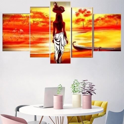 5 Pieces Wall Art Canvas Painting Indian Character Poster Red Sunset Modern Living Room Modular Pictures Home Decoration