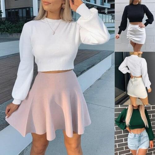 Leosoxs 2020 Autumn Winter Fashion Sexy O Neck Womens T Shirt Casual Solid Knitted Crop Tops Lantern Sleeve T Shirts Tops Basic