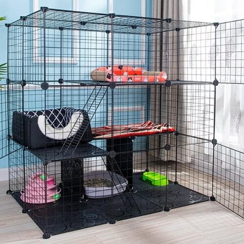 DIY Cat Cage Large House for Pet Villa Indoor Iron Fence Sleeping Bed No-slip Foldable Kitty Puppy Kennel Small Pets Playpen