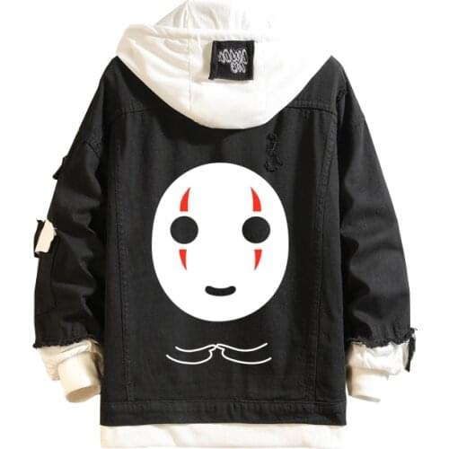 Men Women Black Jeans Jacket Anime No Face Man Denim Coat Boys Girls Sweatshirt Outerwear Halloween Cartoon Cosplay Costume Tops