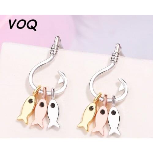 VOQ 925 Sterling Silver Ins Cute Fish Tassel Fish and Fish Hook Earrings Earrings for Women Girl Gift