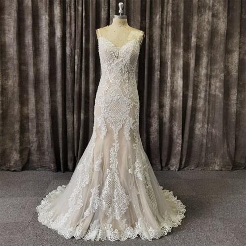 Real Picture New Design Charming Sleeveless Applique Mermaid Lace Spaghetti Strap Wedding Dress Bridal Gowns