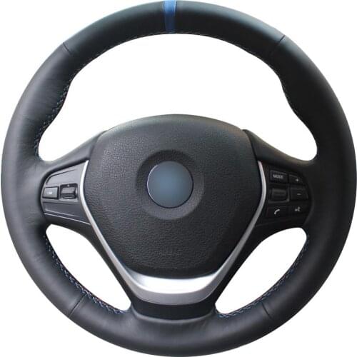 Non-slip Durable Black Natural Leather Blue Marker Car Steering Wheel Cover For Bmw F30 320i 328i 320d F20