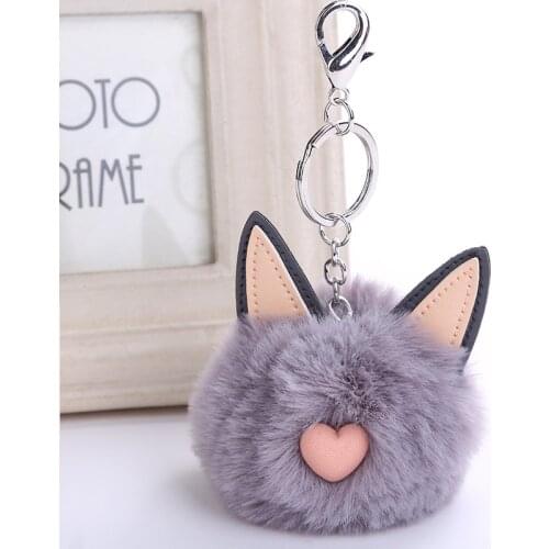 Fluffy Fur Ball Heart Print Car Ear Keychain Pompom Soft Cat Ears Bag Key Chain Charms Silver Color Key Ring Bag Pendant Jewelry
