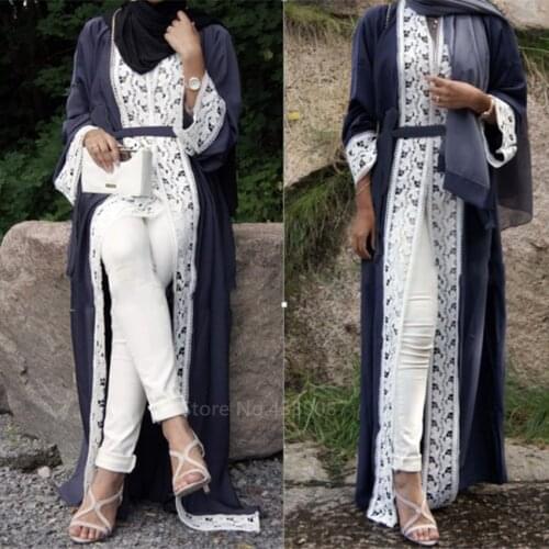 Ramadan Abaya Dress Dubai Araba Muslim Cardigan Women Islamic Clothing Fashion Kimono Caftan Lace Patchwork Belt Party Prayer