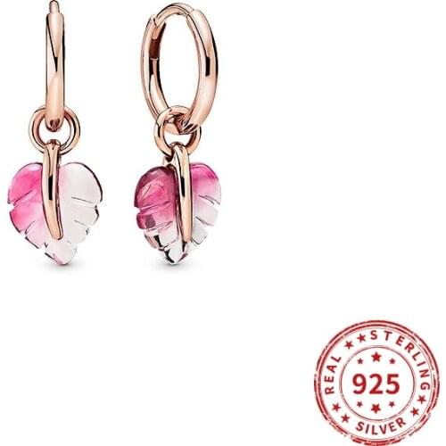 Real 925 Sterling Silver Earring Pink Murano Glass Leaf Hoop Earring For Women Birthday Party Fine Jewelry Gift 2021