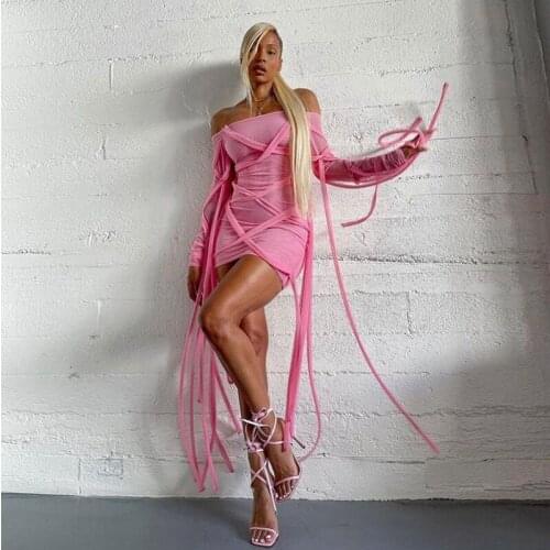 Mesh See Through Off The Shoulder Bodycon Dress Sexy Clubwear Full Sleeve Tube Top Mini Skirt Female Drawstring Clothing Dresses