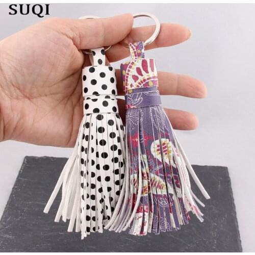 SUQI big PU Tassels Key Back Keychain High quality manual sewing Key Chain Car Key Holder purple white Bag Charm Key Rings