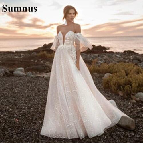 Sumnus Ivory Boho Wedding Dress Elegant Off Shoulder 3d Flowers Lace Bohemian Bridal Gowns Beach Wedding Party Dresses