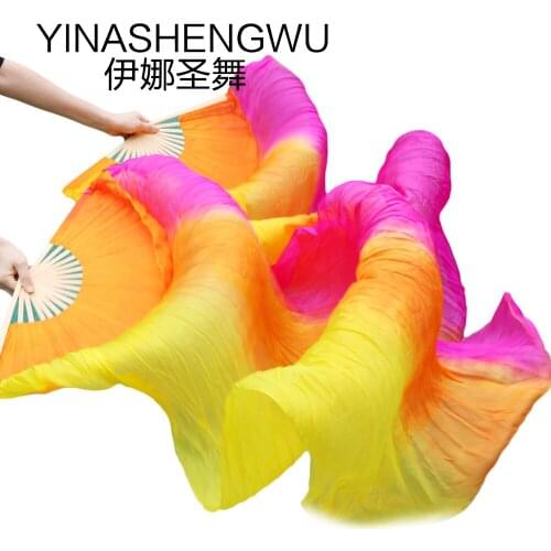 Dance Fans Bamboo Ribs Natural Silk Stage Performance Props Dye Fans Women Belly Dance Silk Fans yellow+orange+fuchsia stripes