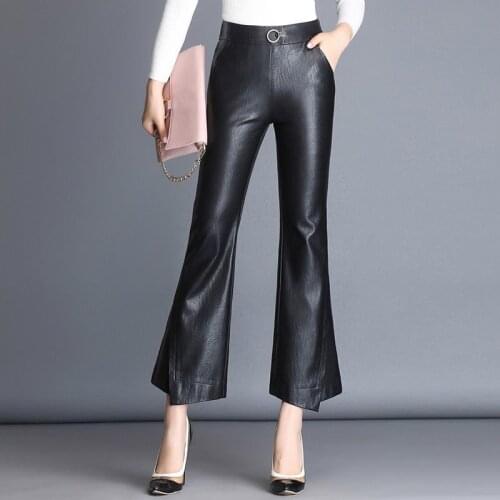 Winter New Arrival Fashion Womens Sheepskin Leather Flare Pants Office Lady High Waist Korean Style Female Pu Leather