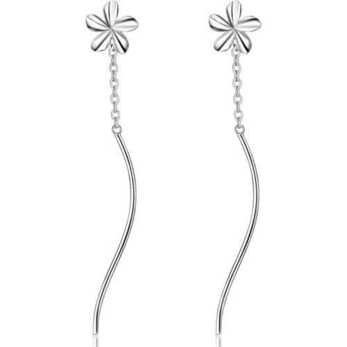 KOFSAC Fashion 925 Sterling Silver Earrings For Women Simple Five Petals Flower Earring Plain Flowers Wavy Long Ear Line Jewelry