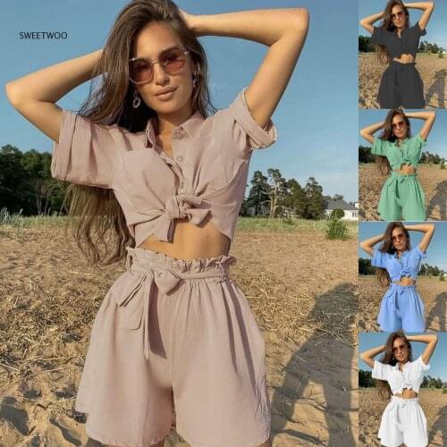 Solid Color Women Shirts Set Single Breasted Half Sleeve Shirt Fashion Loose Tops+Shorts Female Bodysuit 5 Colors