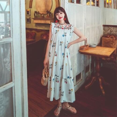Women Boho Long Dress Holiday Floral Embroidery Retro Vintage Sundress Summer Casual White Shirt Dresses Vestidos