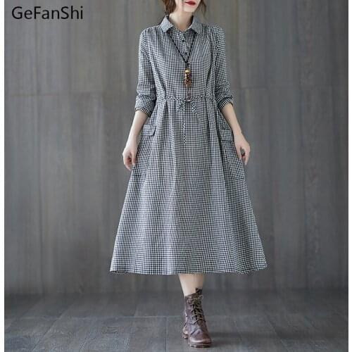 New Autumn Winter Womens Dress Plus Size Vintage Plaid Long Sleeve Turn-down Collar Casual Office Ladies Fashion Dresses