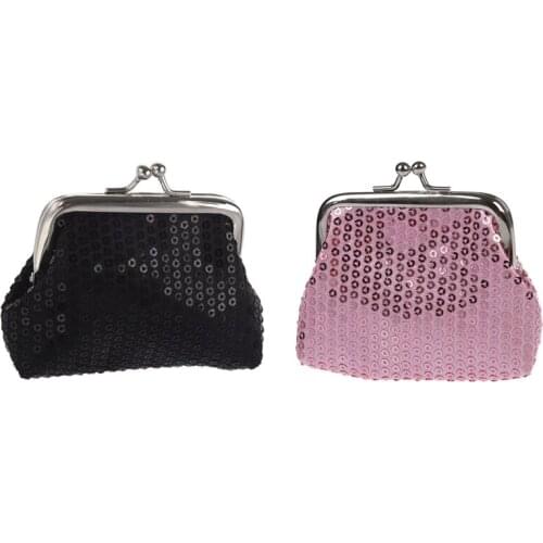 2pcs Womens Sequins Coin Purse Buckle Mini Wallet - Black & Pink