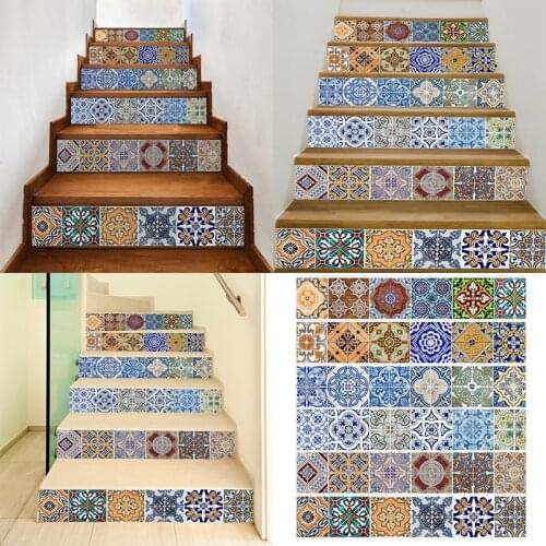 6Pcs/Set DIY 3D Retro Mexican Vinyl Stair Tile Risers Mural Decal Wall Paper Stickers