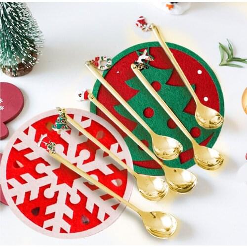 Behogar 2pcs Christmas Pattern Non-woven Cup Mat Coffee Tea Cup Coaster and 6pcs Stainless Steel Gold Christmas Spoon for Home