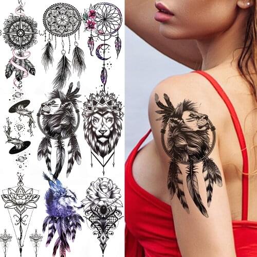 Black Tribal Lion King Temporary Tattoo Dreamcatcher Tattoo Sticker For Women Men Adult Geometric Planet Fake Tatto Feather