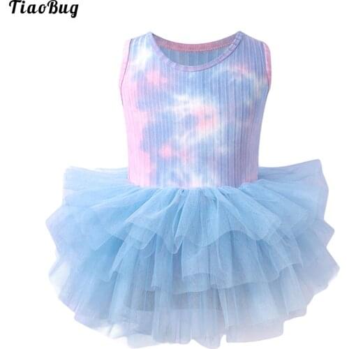 Kids Girls Tie Dye Print Ballet Dance Leotard Round Neck Sleeveless Press Button At Crotch Layeres Mesh Jumpsuit Bodysuit