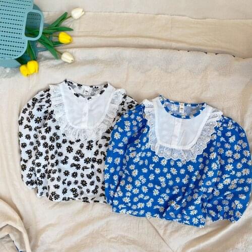 Children Girls Blouse Flower Print Black Blue Cotton Lace Collar Button Toddler Shirts Kids Spring Long Sleeve Outwear Top